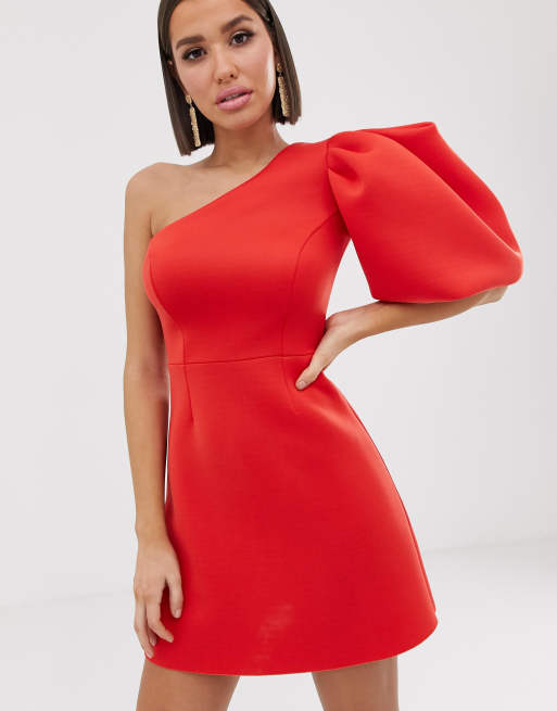 ASOS DESIGN one shoulder puff sleeve mini skater dress ASOS