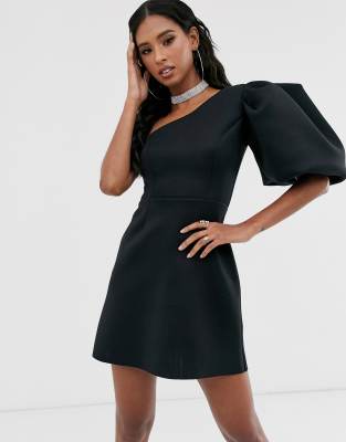 one shoulder puff sleeve dress
