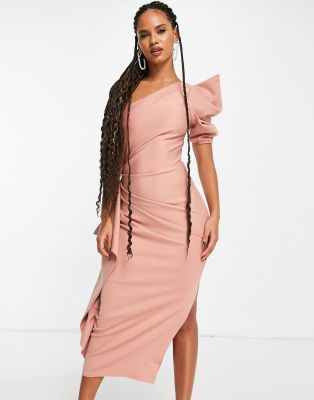 one shoulder ruffle sleeve dress