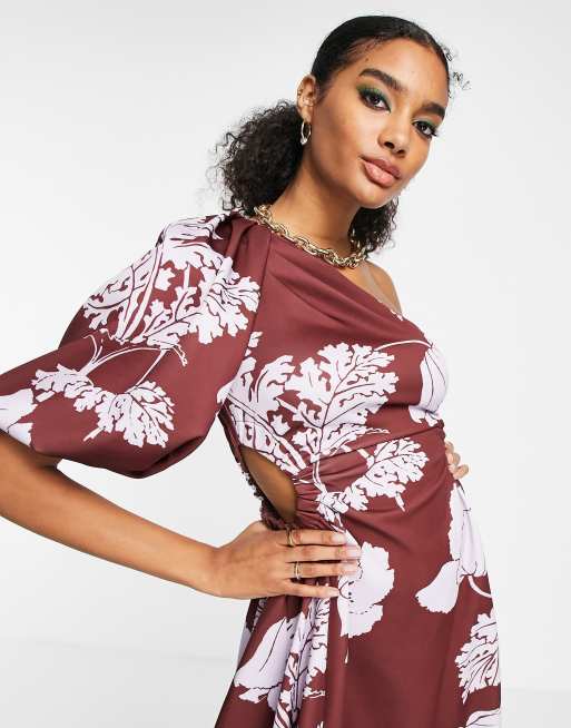 ASOS DESIGN one shoulder puff sleeve side cut out channelled midi skater dress in winter blossom print