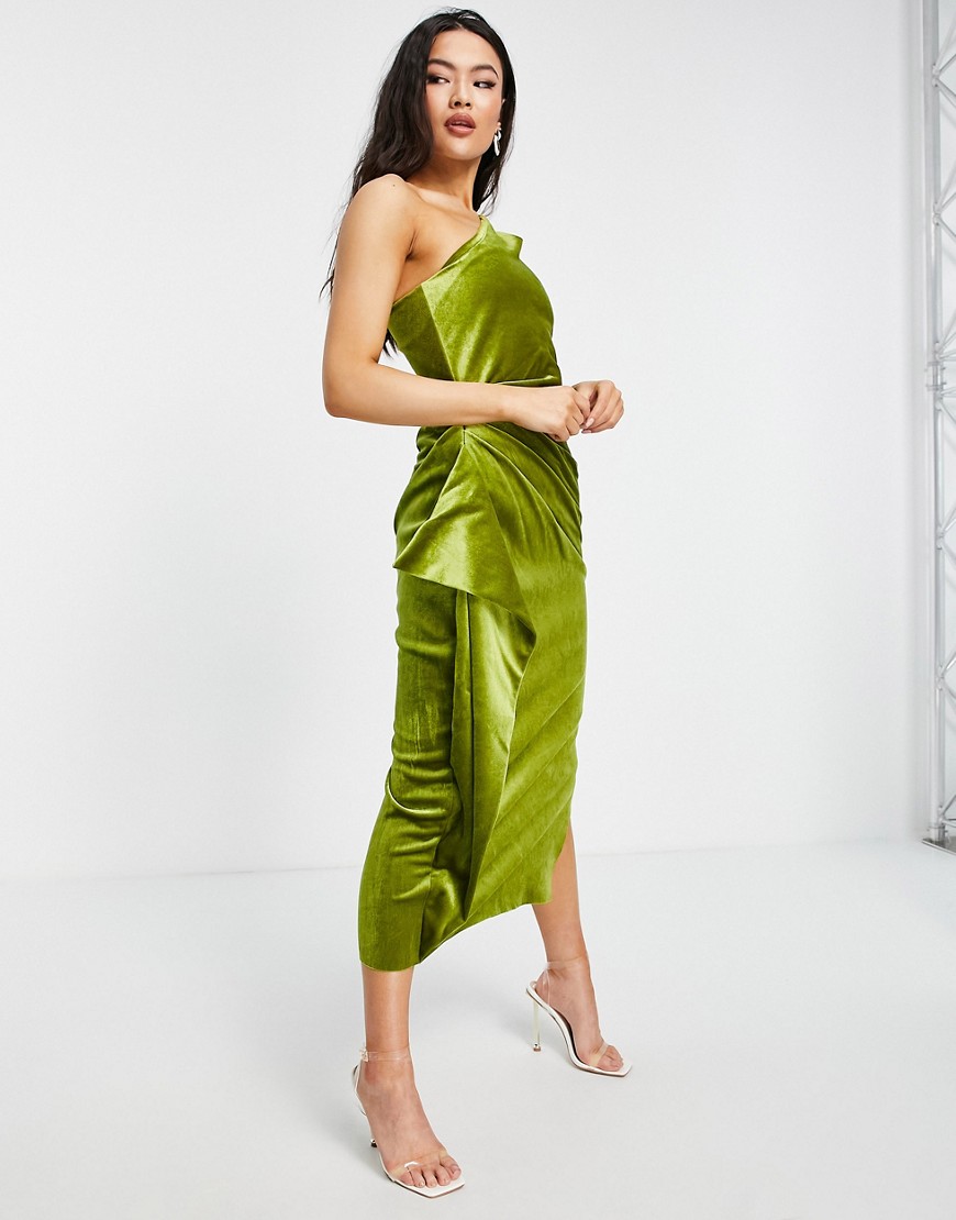 ASOS DESIGN one shoulder puff sleeve velvet ruffle midi dress in olive-Green