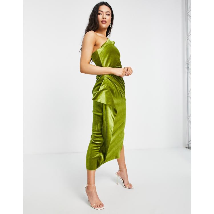 ASOS DESIGN one shoulder puff sleeve velvet ruffle midi dress in olive