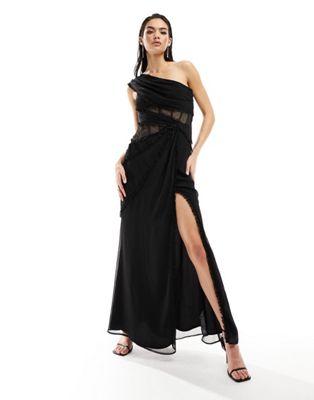Asos Design One Shoulder Raw Edge Maxi Dress With Sheer Paneling In Black