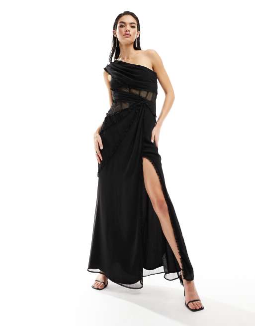 Flounce London sheer lace maxi dress with side split in black