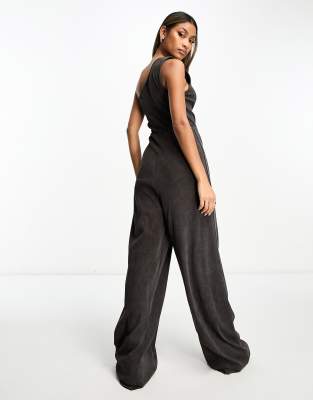 ASOS DESIGN one-shoulder ribbed jumpsuit in washed charcoal