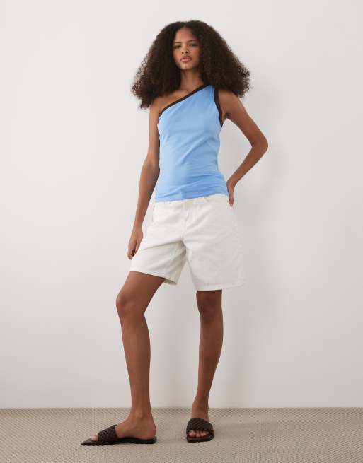 ASOS DESIGN one shoulder ringer top in brown and blue contrast, 2 of 4