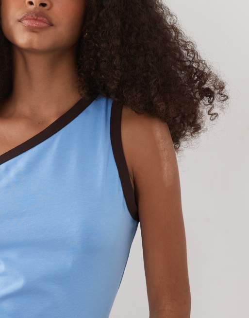 ASOS DESIGN one shoulder ringer top in brown and blue contrast, 3 of 4