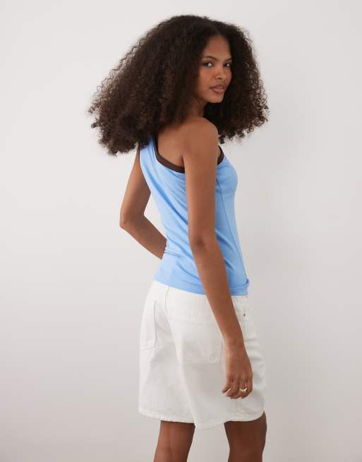 ASOS DESIGN one shoulder ringer top in brown and blue contrast, 4 of 4