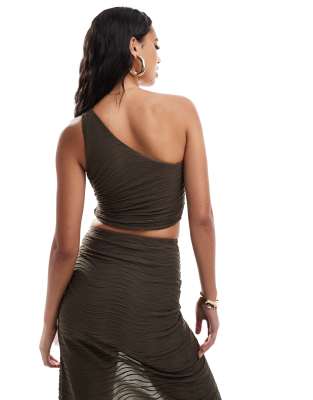 Asos Design One-shoulder Ripple Texture Crop Top In Brown