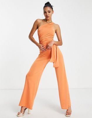 Shop Asos Design One Shoulder Ruched Bodice Wide Leg Jumpsuit In Orange