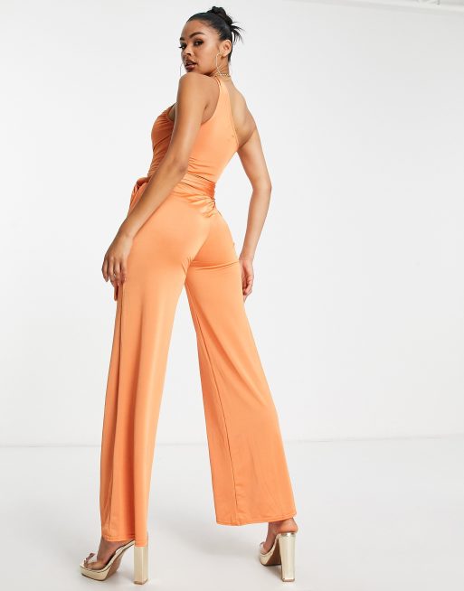 One Shoulder Ruched Wide Leg Jumpsuit