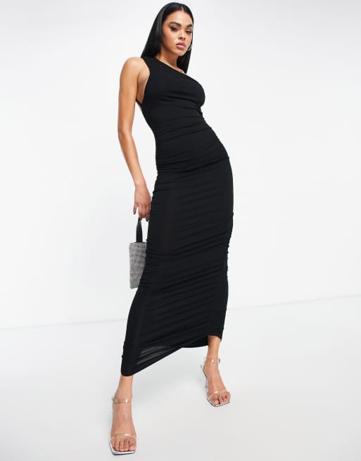 ASOS DESIGN one shoulder ruched mesh bodycon midi dress with contrast lining