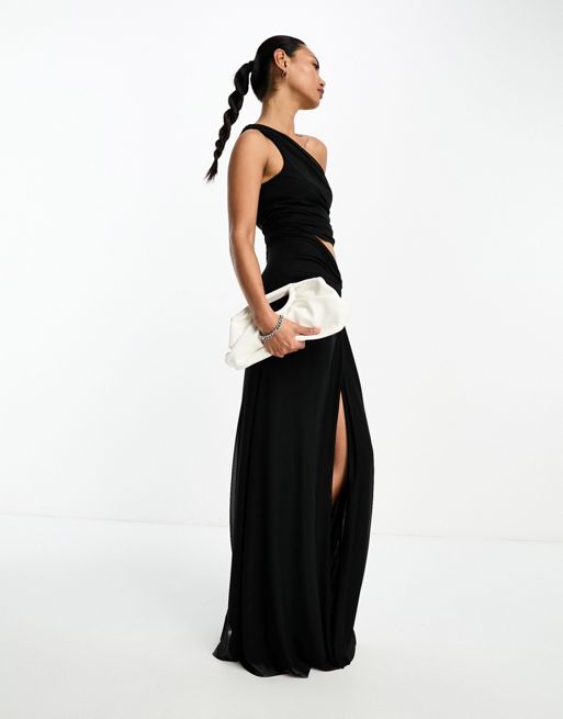 Spice up your summer party looks with  this ASOS design one shoulder ruched cut out detail maxi dress in black with front split and midriff cutout. 