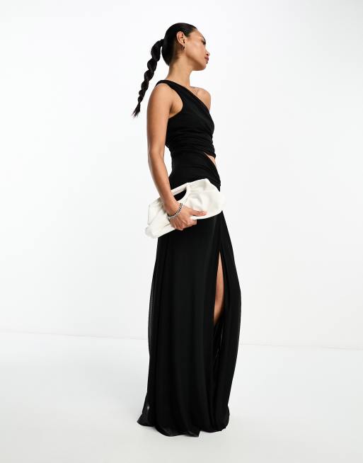 One-shoulder ruched mesh midi dress in black - The Sei