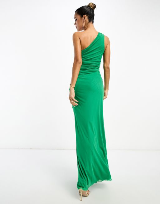 ASOS DESIGN one shoulder ruched mesh cut out detail maxi dress in dark green