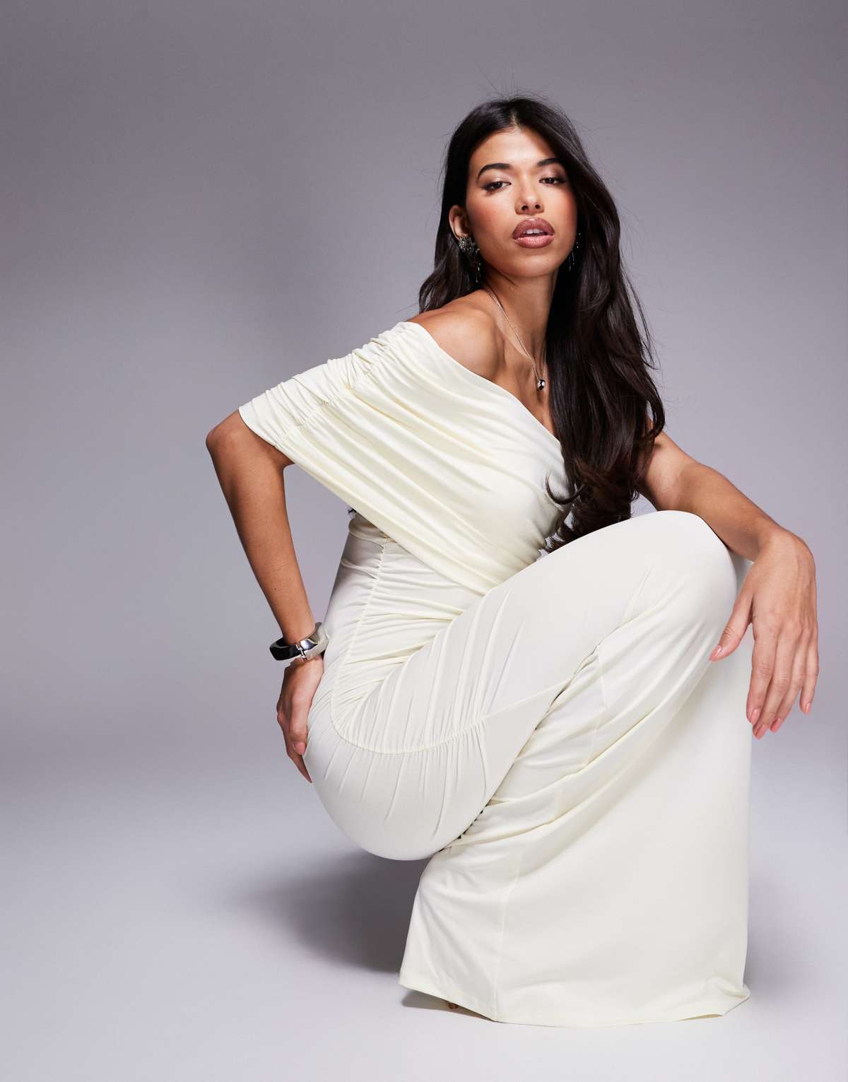 ASOS DESIGN one shoulder ruched mesh maxi dress in buttermilk