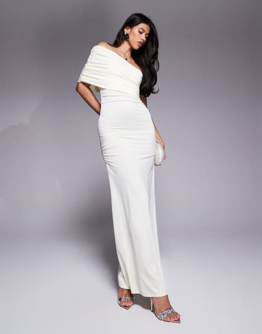 ASOS DESIGN one shoulder ruched mesh maxi dress in buttermilk