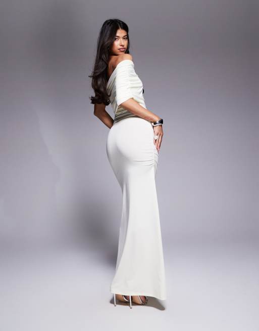 ASOS DESIGN one shoulder ruched mesh maxi dress in buttermilk