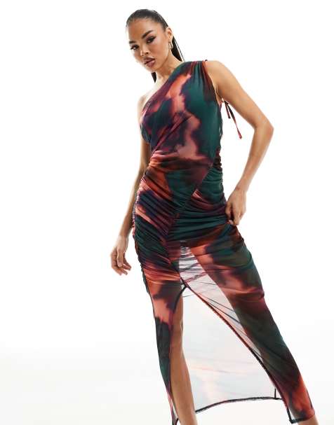 ASOS DESIGN one shoulder ruched mesh midi dress in pink and green abstract print