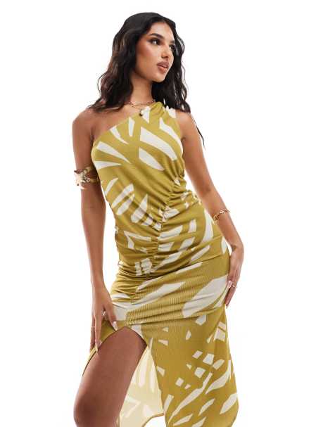 ASOS DESIGN one shoulder ruched midi dress with front split in green geo print - view 1