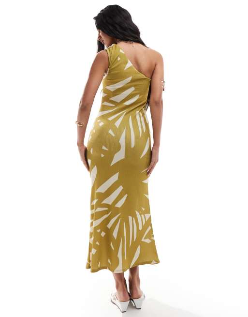 ASOS DESIGN one shoulder ruched midi dress with front split in green geo print, 4 of 4