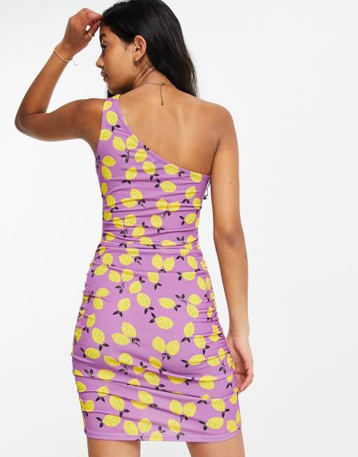 ASOS DESIGN one shoulder ruched mini dress in purple lemon print , 3 of 4