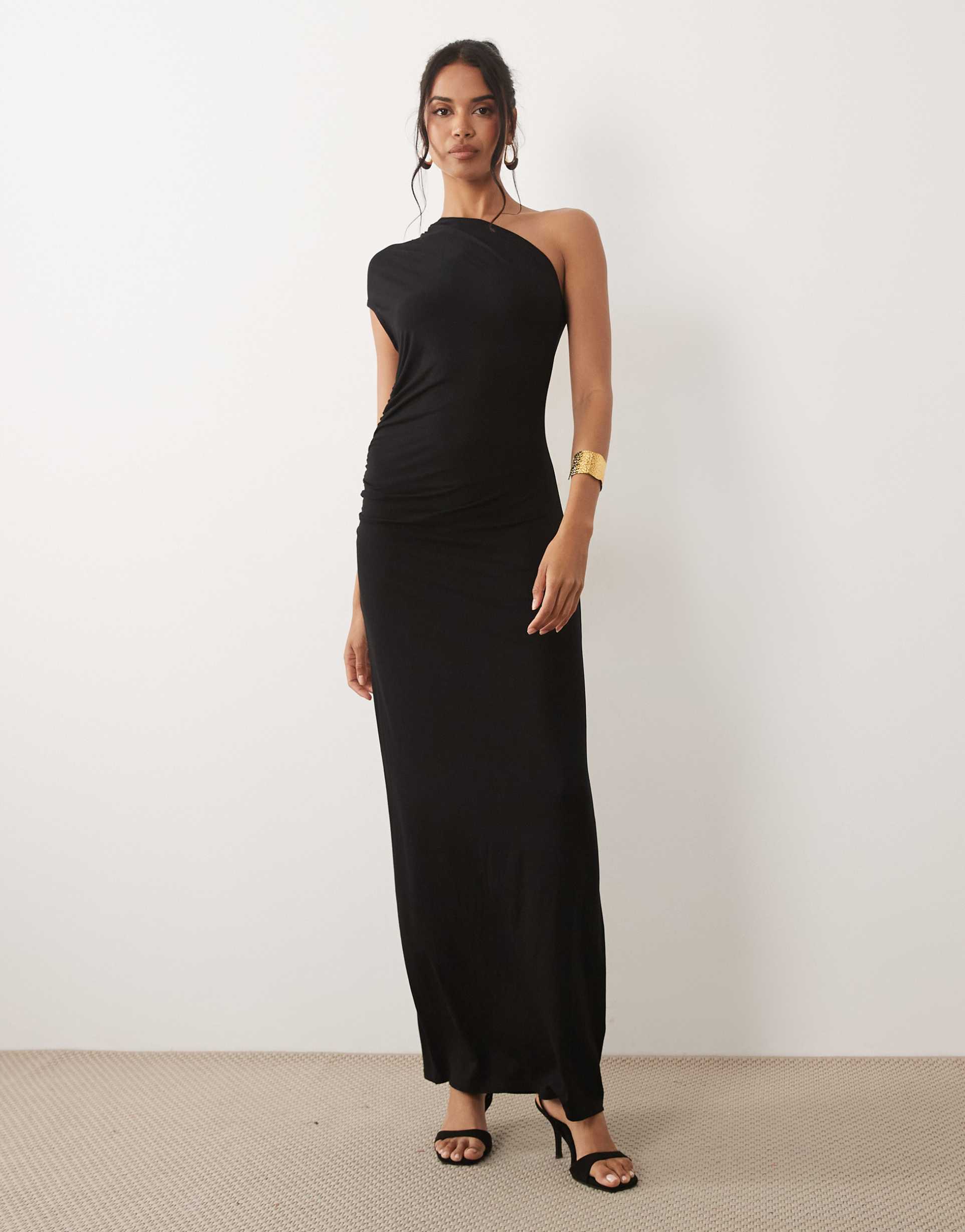 asos design one shoulder ruched side maxi dress in black