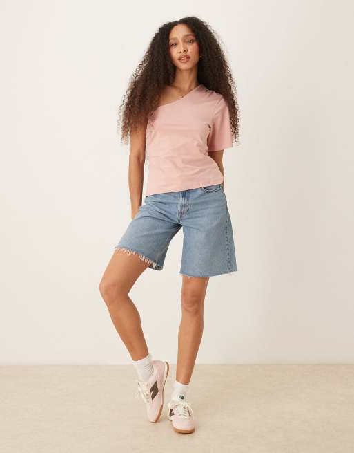 ASOS DESIGN one shoulder ruched waist top in dusty pink, 2 of 4