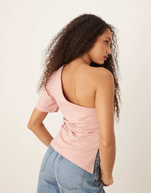 ASOS DESIGN one shoulder ruched waist top in dusty pink, 3 of 4