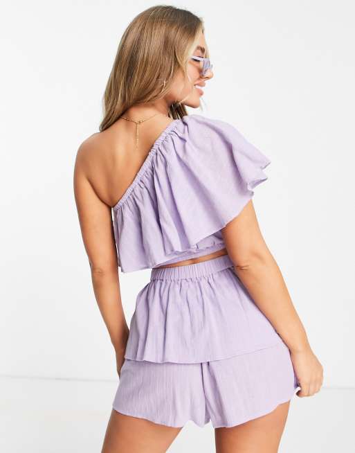 ASOS DESIGN one shoulder ruffle beach crop top in purple - part of a set