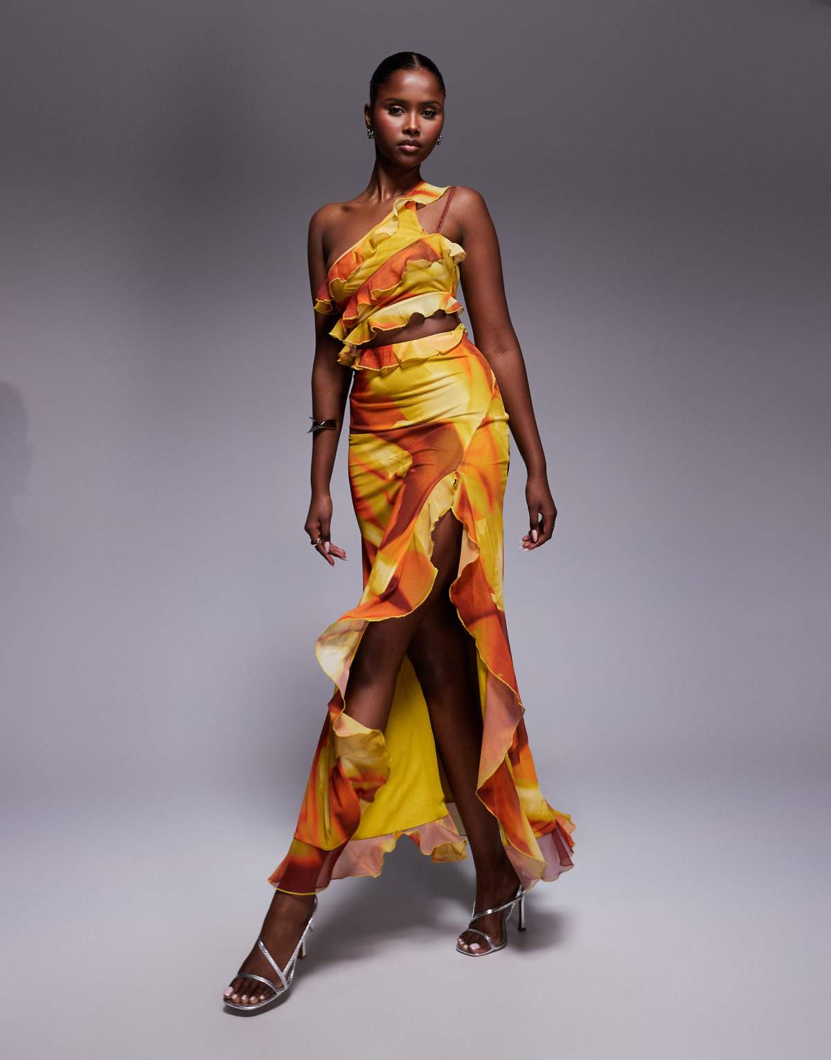 ASOS DESIGN one shoulder ruffle detail maxi dress in orange and yellow abstract print