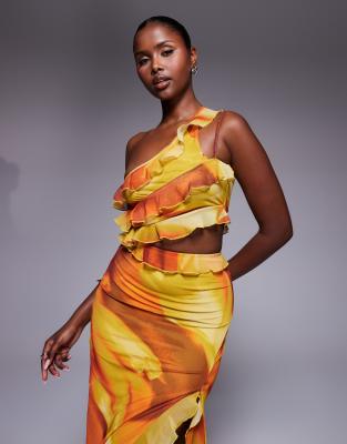 Asos Design One-shoulder Ruffle Detail Maxi Dress In Multi