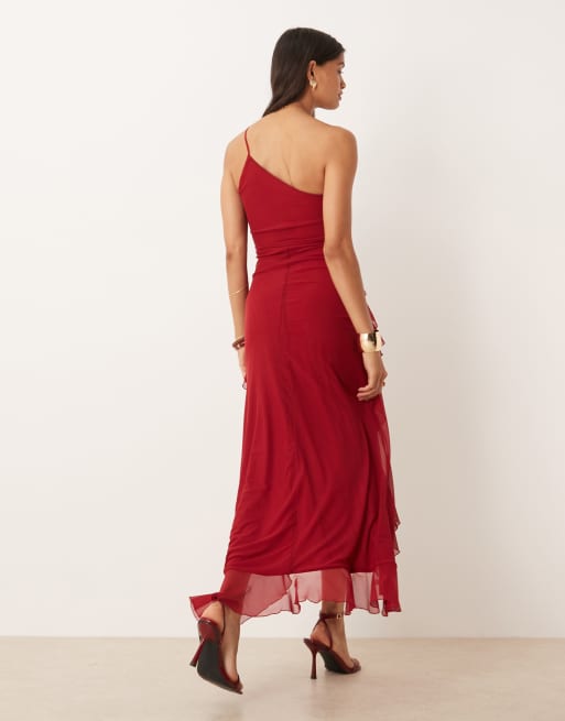 ASOS DESIGN one shoulder ruffle maxi dress in dark cherry, 4 of 4