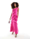 [ASOS DESIGN] ASOS DESIGN one shoulder ruffle maxi dress with satin chiffon mix in fuchsia pink 16 Pink
