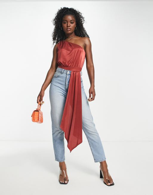 ASOS DESIGN one shoulder satin bodysuit in rust