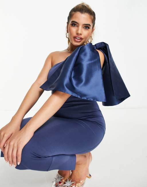 ASOS DESIGN one shoulder satin bow midi dress in midnight | ASOS