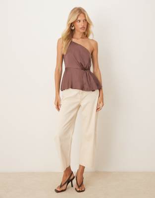 Asos Design One Shoulder Satin Cami Top In Brown