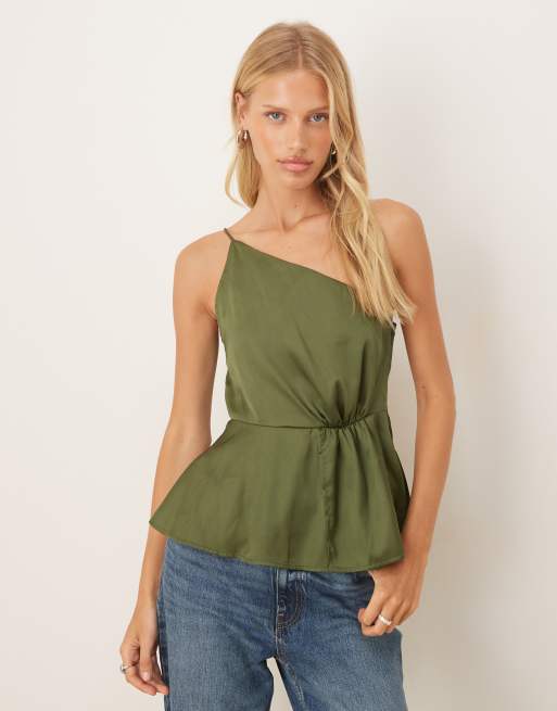ASOS DESIGN one shoulder satin cami top in olive