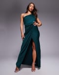 [ASOS DESIGN] ASOS DESIGN one-shoulder satin knot detail maxi dress in dark green 12 Dark green