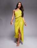 [ASOS DESIGN] ASOS DESIGN one-shoulder satin knot detail midi dress in chartreuse-Yellow 4 Chartreuse