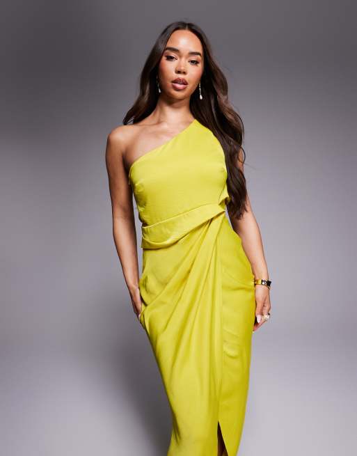 ASOS DESIGN - Satijnen midi jurk met blote schouder en gedraaid detail in chartreuse