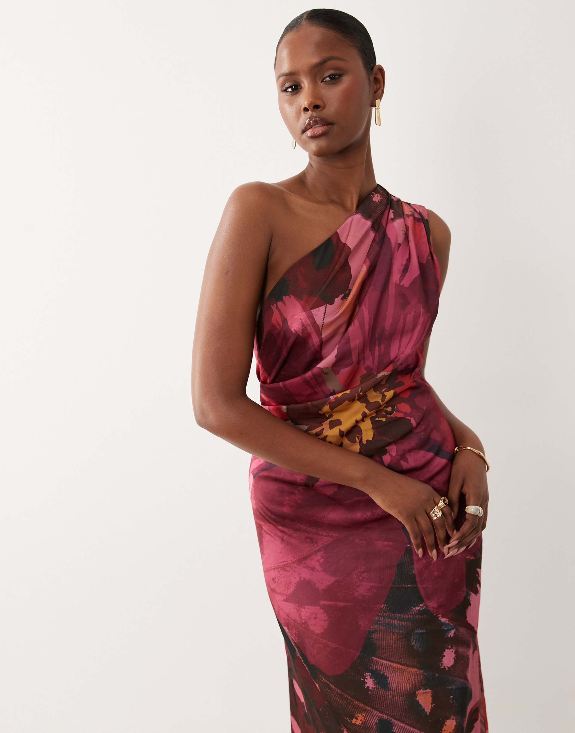 asos design one shoulder satin maxi dress with pleat detail in red floral print