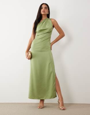 Asos Design One Shoulder Satin Maxi Dress With Pleat Detail In Green