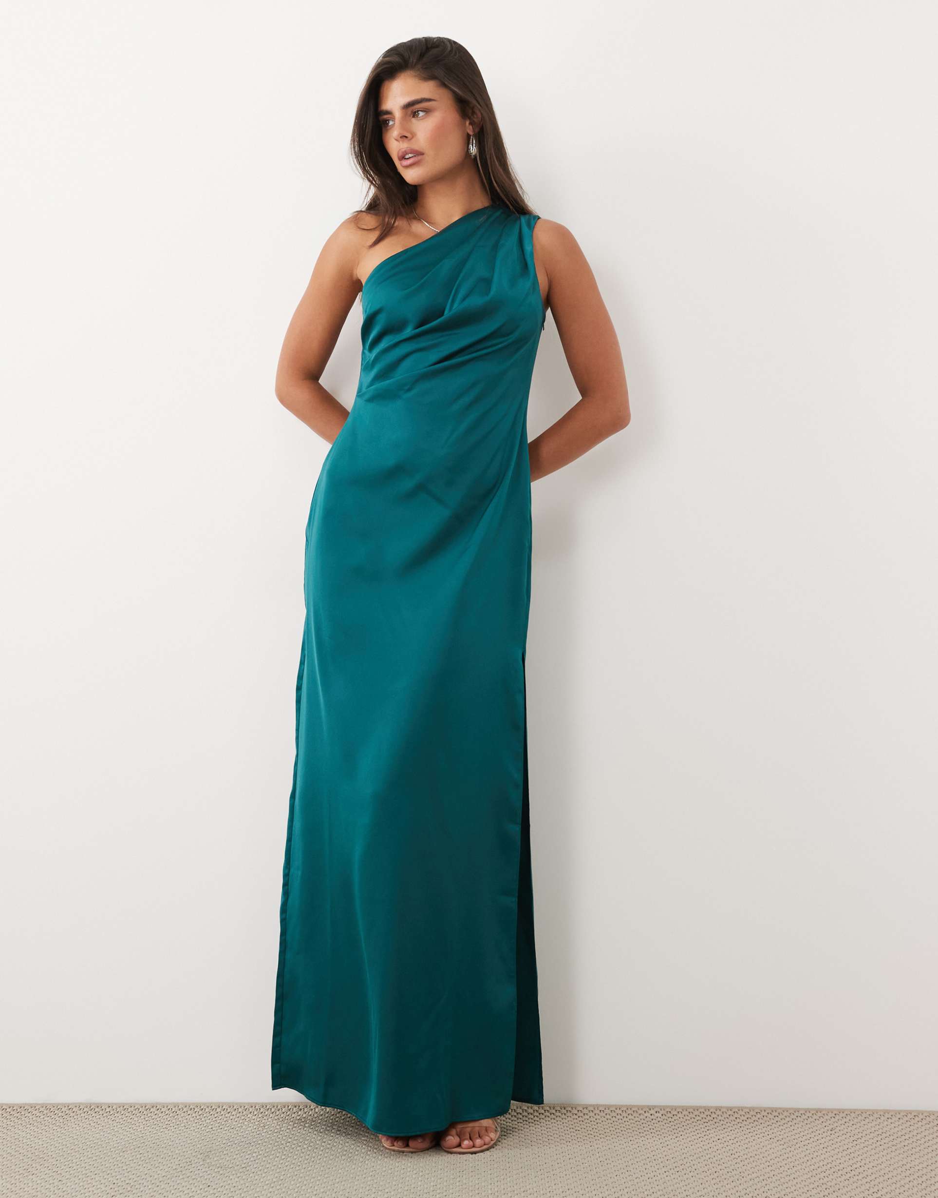 asos design one shoulder satin maxi dress with pleated detail in teal