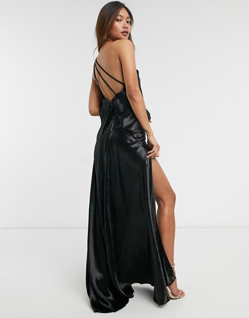 ASOS DESIGN one shoulder satin maxi dress with split strap detail