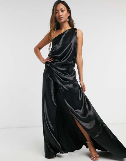 Hammered Satin One Shoulder Drape Maxi Dress