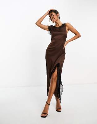 Asos Design One-shoulder Satin Midaxi Dress With Contrast Lace Inserts In Chocolate-brown