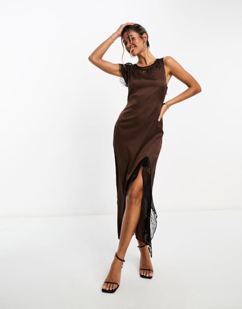 Brown satin halter neck maxi slip dress