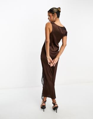 ASOS DESIGN one shoulder satin midaxi dress with contrast lace inserts in chocolate