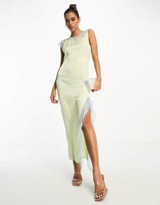 Asos Design One Shoulder Satin Midaxi Dress With Contrast Lace Inserts In Pale Green